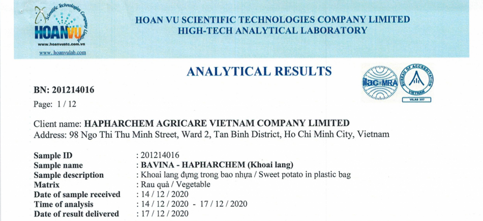 Sweet Potato analysis results of Bavina on Dec 14th 2020